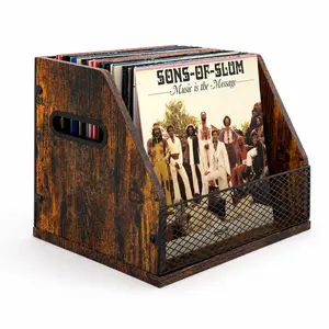 Vinyl Record Storage Rack, Rustic Brown LP Record Holder with Built-in Handles, Wood & Black Metal Mesh Album Organizer for Records, Books, Files, Magazines, Desktop & Music Corner