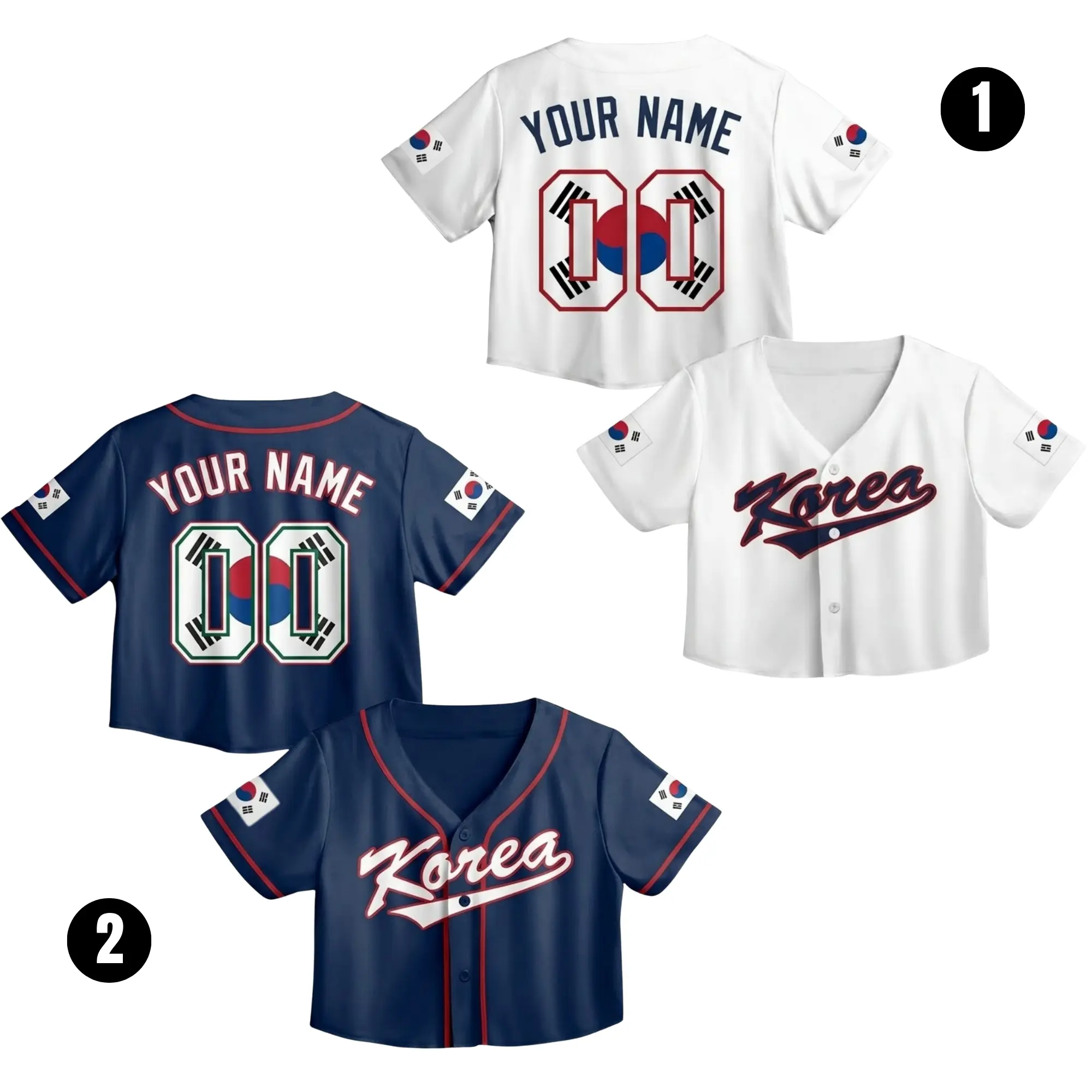 Navy Royal Blue White 2026 Baseball Jersey Crop Top – Personalized Name & Number, Custom All Over Print Cropped Jersey for Women, Youth, Kids, Game Day Shirt 2026, Korea Fans Gift
