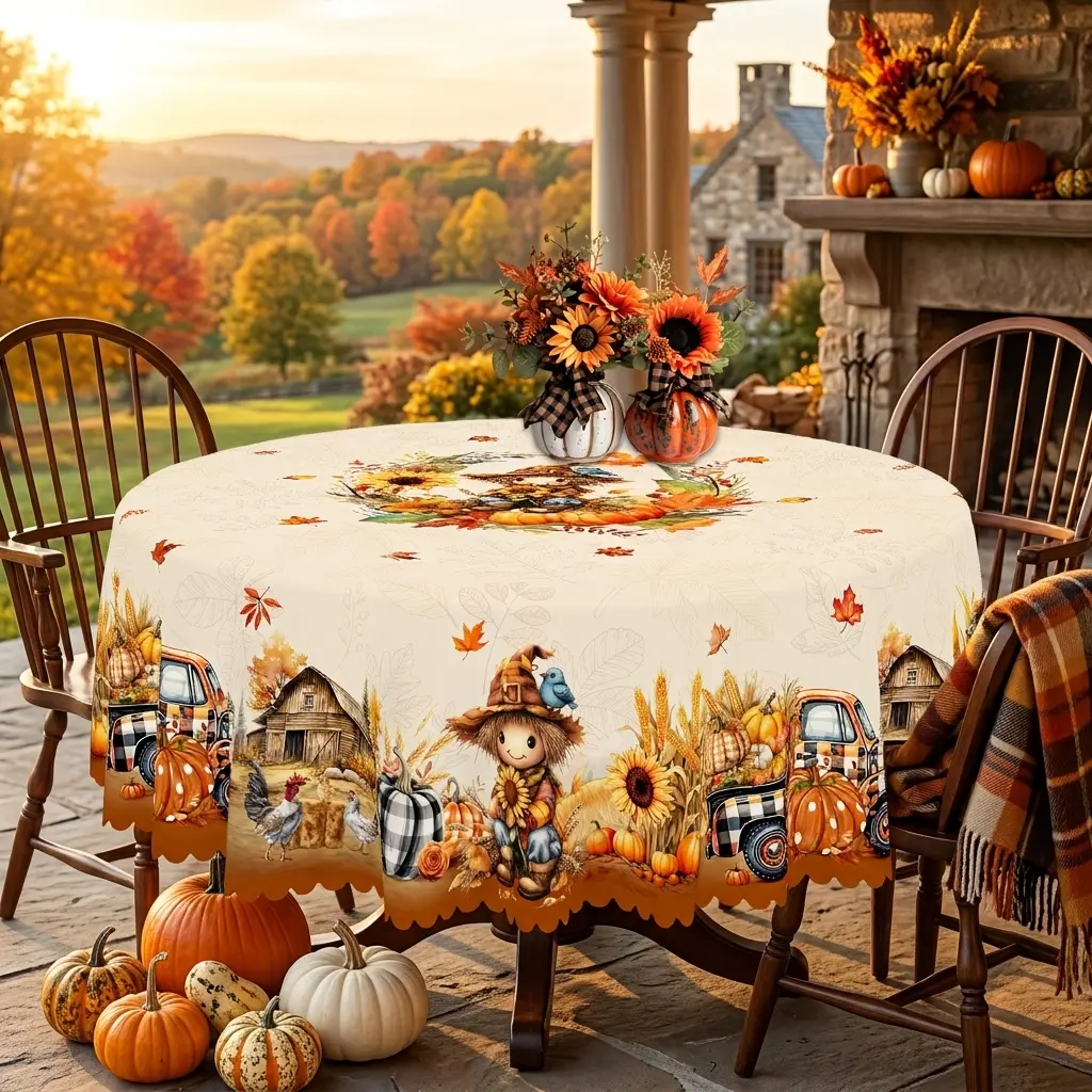 KOPOEELK Fall Farmhouse Tablecloth with Scarecrow, Pumpkins, Sunflowers, Vintage Truck and Chicken Patterns, Round Rectangular Thanksgiving Table Cover for Harvest Dining Decor