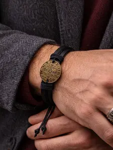 St Benedict Medal Leather Bracelet | Catholic Christian Spiritual Protection Jewelry | Adjustable Black or Brown