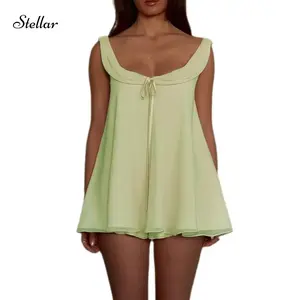 Women's Summer Shorts Outfit Loose Fit Stylish Solid U Neck Long Tank Top And Low Rise Shorts 2pcs Set