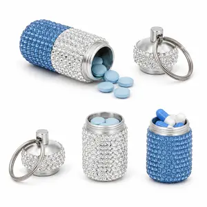 Dual-Compartment Small Pill Holder Keychain Bling Pill Container with Key Chain Travel Pill Organizer Medicine Box for Women (White+Blue)