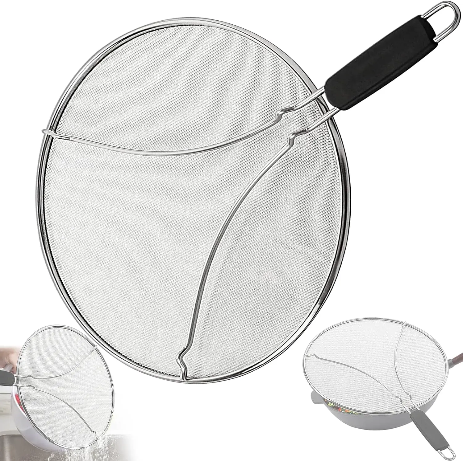 13-Inch Perforated Stainless Steel Mesh Splatter Screen for Pans, Rust-Resistant Frying Pan Rack, Comfortable Grip Kitchen Accessory for Everyday Frying to Keep Kitchen Tidy