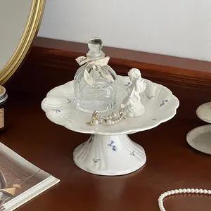 French Vintage Ceramic High Footed Tray Decor, Afternoon Tea Dessert Cake Plate, Scented Storage Tray, Home Decoration