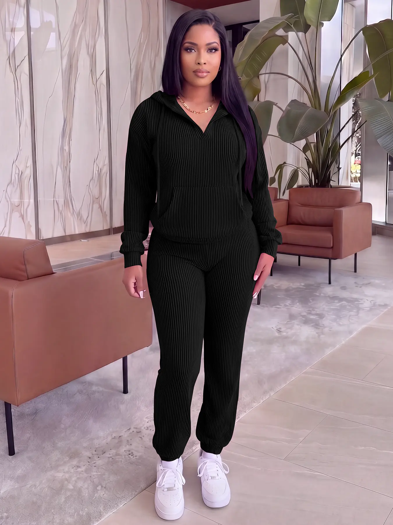 USBoutiqueCHIC Women’s Ribbed Knit Hooded V‑Neck Top & Jogger Pants Two‑Piece Loungewear Set | Cozy Casual Athleisure Co‑ord