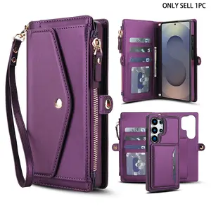 Leather zipper women's crossbody bag phone case suitable for Samsung Galaxy S24 S23 S22Ultra/22Plus/multifunctional wallet, Casual zipper purse, Crossbody purses, RFID shielded card slot, detachable phone case, Detachable crossbody strap