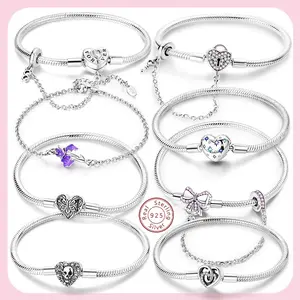 Bracelet Original 925 Sterling Silver Charm Bracelet 17-20CM Heart Key Lock Snake Bone Bracelet for Women DIY Charm Jewelry Gift