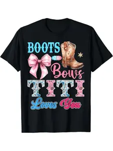 Gender Reveal Party T-Shirt - Boots Or Bows, Titi Loves You Shower Outfit Featuring Bow Print, Pink And Blue Short Sleeve Shirt for, Casual Round Neck Tee for Gender Reveal Events