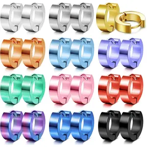 FLORIDECO 12 Pairs Unisex Colorful Small Stainless Steel Hinged Huggie Hoop Earrings Set, Daily Piercing Costume Jewelry Kit for Women & Men