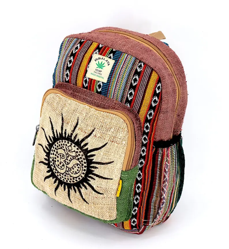 Himalayan Hemp Mini Backpack Sun & OM Print Boho Bag