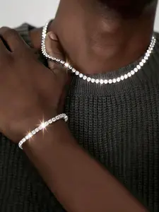 Men's Tennis Zirconia Chain Necklace & Bracelet Set, Plain Pattern, Alloy Material, Durable Alloy, Dual Set, Zirconia Embellishment, Hip Hop Style Jewelry, Perfect Holiday Gift for Him, Trendy Accessories