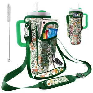 Stanley Carrier Bag for Stanley 40oz/30ozTumbler with Phone with 2 Adjustable Strap3 Pockets Bottle Stanley Cup Carrier Bag & Case Accessories for Hiking Travelling Colorful Flowers