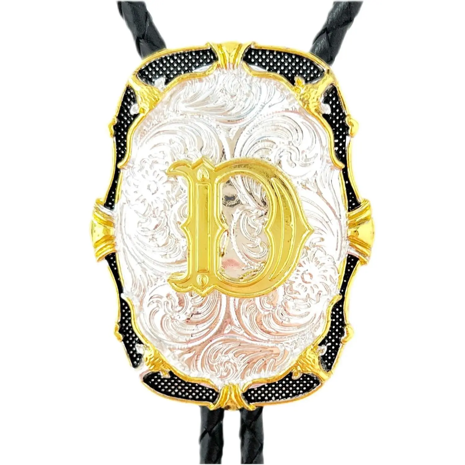 Bolo Tie Golden Initial Letter A to Z In Western Cowboy Medal Style with Cowhide Rope Necktie