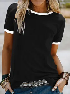 Women's Contrast Trim Crew Neck Fitted Tee, Casual Short Sleeve T-shirt for Summer, Ladies Clothes for Daily Wear, Summer Tops, Womenswear