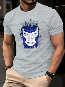 Blue Lucha Libre Mask Wrestling T-Shirt, Viral Streetwear Graphic Tee for Men, Casual Fitted Short Sleeve Top, Trendy Print Design
