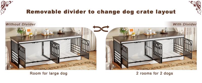 COZPAW 86 Inch Double Dog Crate Furniture for 2 Dogs, Decorative Dog Kennel Indoor TV Stand, Heavy Duty Wooden Dog Cage for Large Medium Dogs Sized Dog Pet House with Divider (Brown)