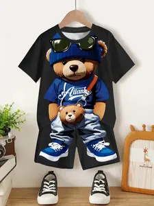 Summer Boys' Cool Street Style Bear Print Short Sleeve T-Shirt Set, Loose Fit, Breathable, Perfect for Outdoor Activities