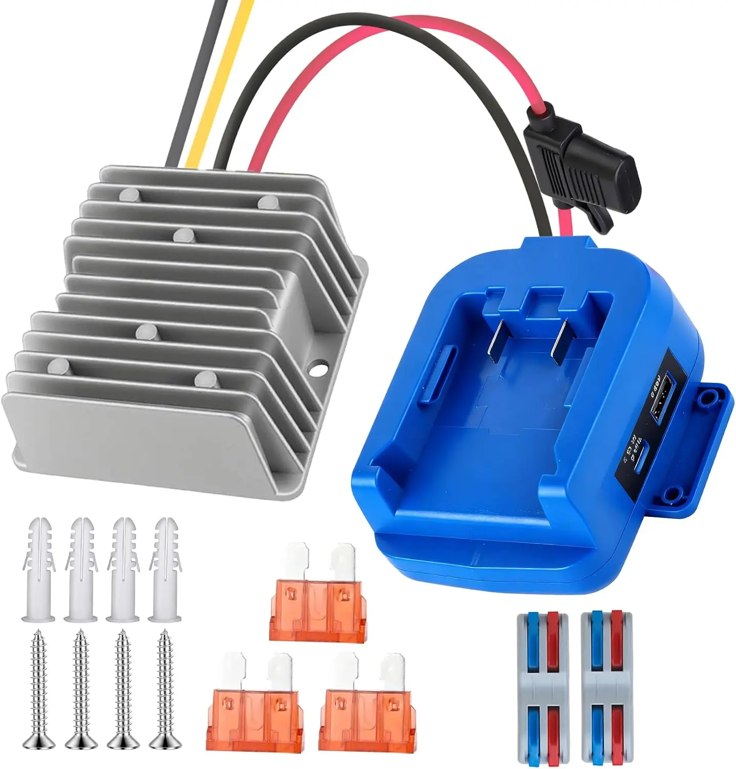 Step Down Converter Adapter Compatible with Kobalt 24V to 12V Battery Dock Power 15A 180W Inverter, Automatic Buck Boost Voltage Regulator with USB & Type C for DIY RC Car Truck, Blue
