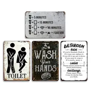 4 Pcs Toilet Doorplate Wall Art Poster Metal Tin Signs - "Wash Your Hands" Bathroom Rules Decorative Signs & Plaques For Toilet Room, Bathroom, Cafe, Bar, Man Cave, Home, Bedroom, Living Room, Garage, Pub