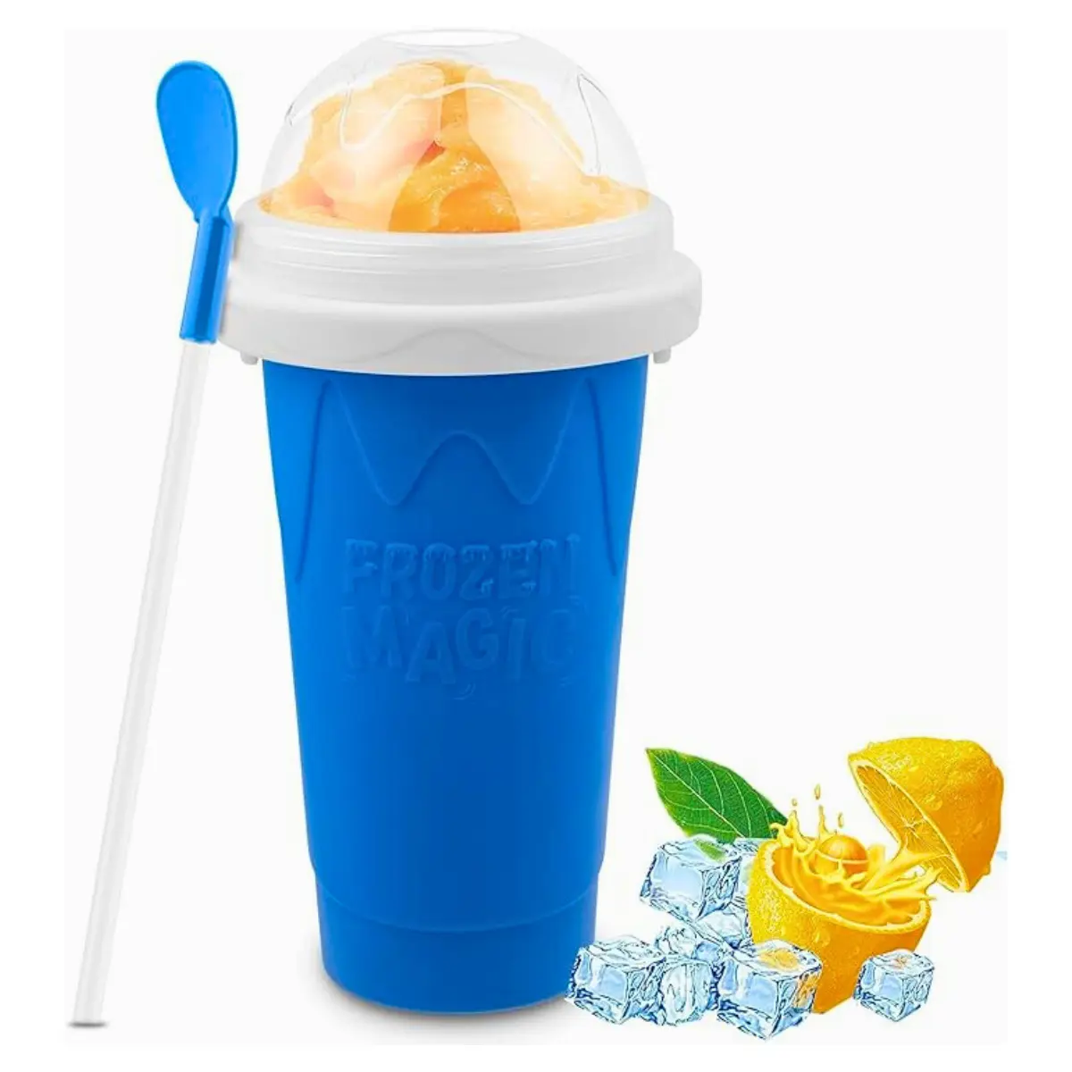 Slushy Cup, Blue Magical Frozen Slushy Maker Cup - Quick Silicone Smoothie Slushie Cup with Lids, Straws, and Cleaning Brush, Magic Cup, Double Layer DIY Homemade Slushie Maker Cup Kitchen Utensils