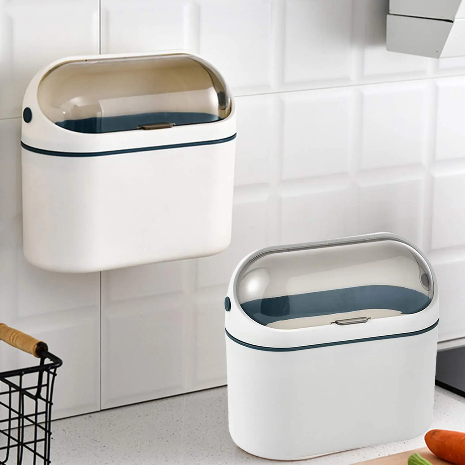 Desktop Trash Can with Lid, Mini Trash Can for Desk, Small Office Countertop Garbage Can, Mountable  Wastebasket for RV, Dorm, Freezer, Laundry and  (Blue)