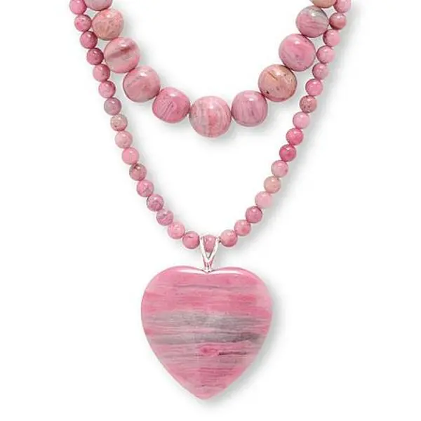 Mine Finds by Jay King Set of 2 Argentinian Rhodonite Bead Necklaces & Heart Pendant