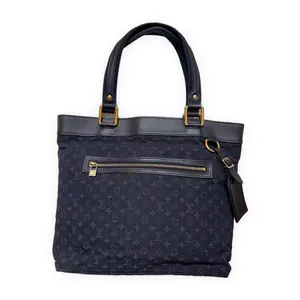 Pre-owned Louis Vuitton Monogram denim fabric with leather trim Tote Bags Josephine GM Navy Blue Denim Mini Lin Handbag Tote Bag LV Black monogram denim with black leather trim Very Good S014260414018