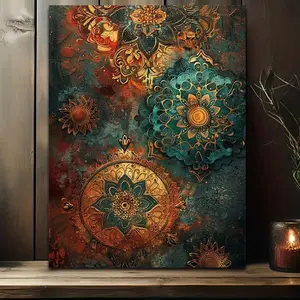 2D1pc Renaissance Mandala Canvas Wall Art, Bohemian Style HD Print, Pine Wood Frame, Interior Decoration, Home Office, Bedroom, Classroom, 29.97x 40.13cm - Vibrant Floral and Geometric Design, Interior Wall Decoration|Vibrant Wall Art|Wooden Frame Art, Wa