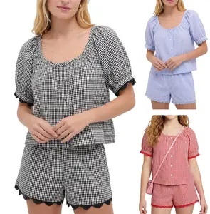 Arssm Womens Gingham Set Plaid Short Sleeve Summer Matching Sets Cotton Sleepwear Pajama Sets
