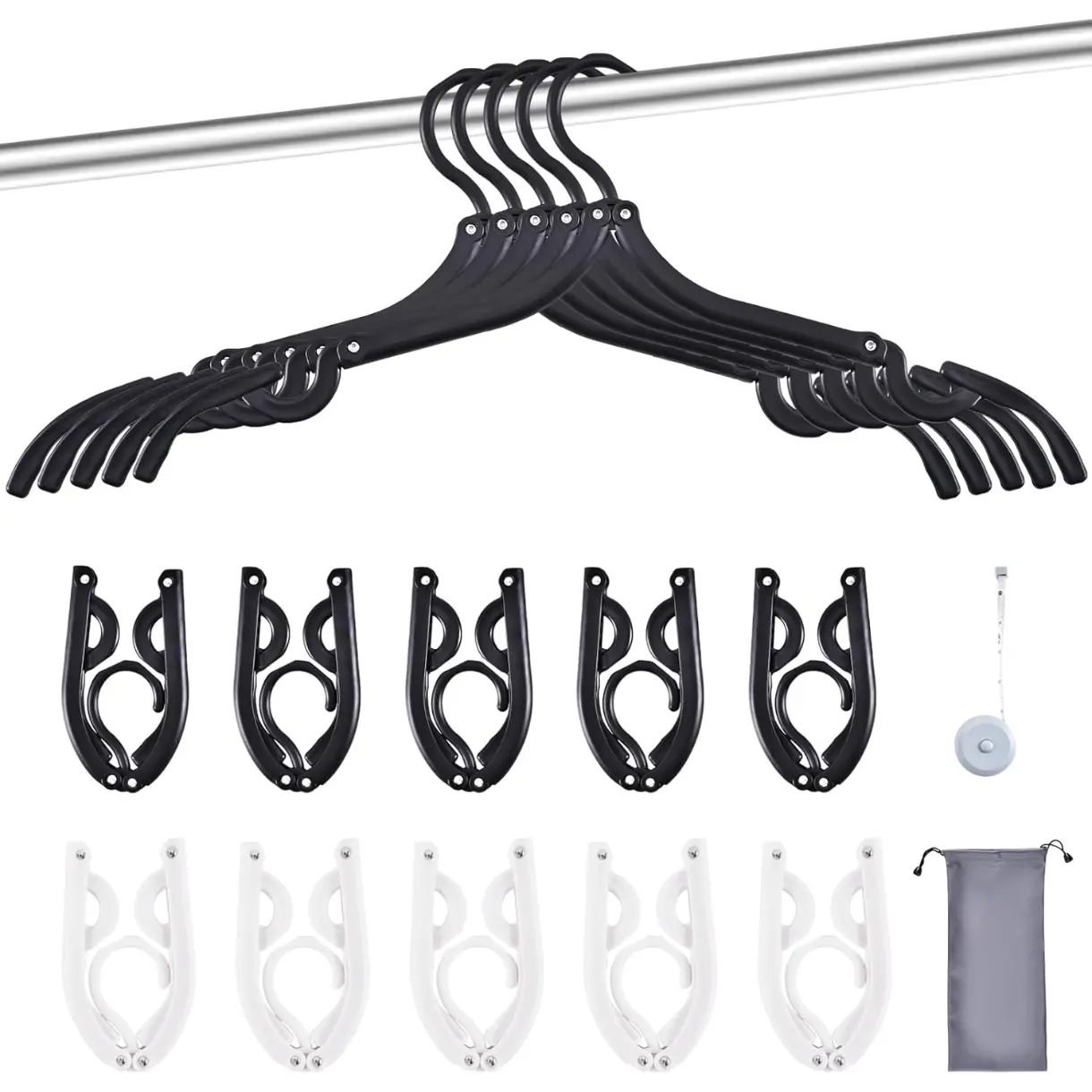 10-Pack Foldable Travel Hangers with Gift Box – Thickened ABS & Aluminum Rivets, Non-Slip Design for Delicate Clothes, Compact 5.5x3 Inch, Black/White
