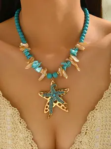 Women's Turquoise Shell Star Pendant Necklace, Bohemian Style Sea Star Beach Jewelry, Perfect Gift for Women