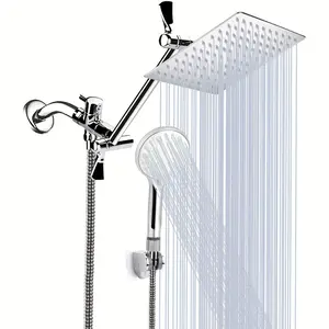 Stainless Steel Luxury High Pressure Rainfall & Handheld Shower Combo with 11" Extension Arm, 9 Adjustable Settings,   Height & Adjustable, Includes Holder & Hose, Adjustable Shower Head |   Contemporary Aesthetics |   Wallmounted Shower, Shower Accessori