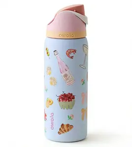Owala 32oz Rosé & Croissant Print   - Cutest Picnic Inspired Design for Beach Days & Brunch Runs - Keeps  Icy Cold All Day - Fashion Accessory travel drinkware beverage coffee  floral Pure Copper Water Bottle with Bag