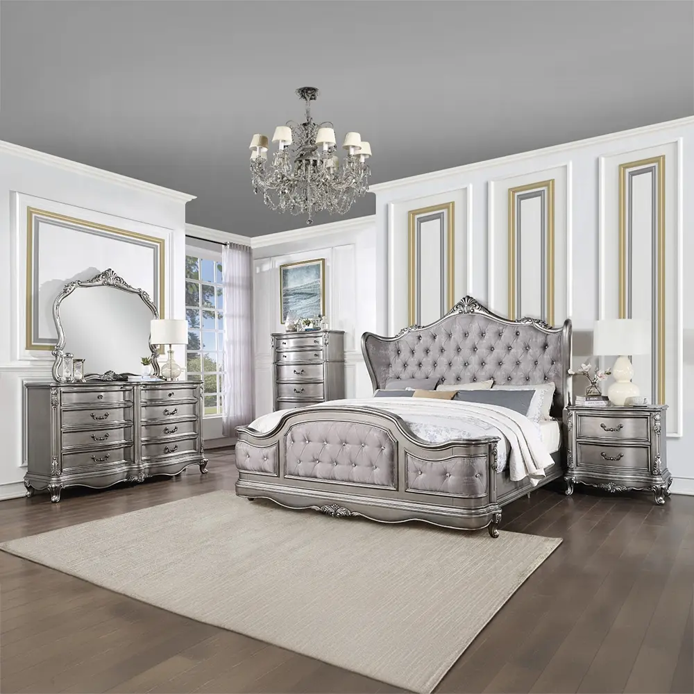 Acme BD00603Q 4-Piece Ariadne Antique Platinum Finish Wooden Construction Queen Bedroom Set, Featuring Decorative Carvings & Tufted Accents for Elegant Home Decor, Four-Pieces