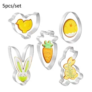 5pcs Easter Stainless Steel Cookie Cutter Set, Holiday Baking Cookie Molds, Chicken, Egg, Rabbit Cookie Cutters, Kitchen Baking Supplies Candy Molds