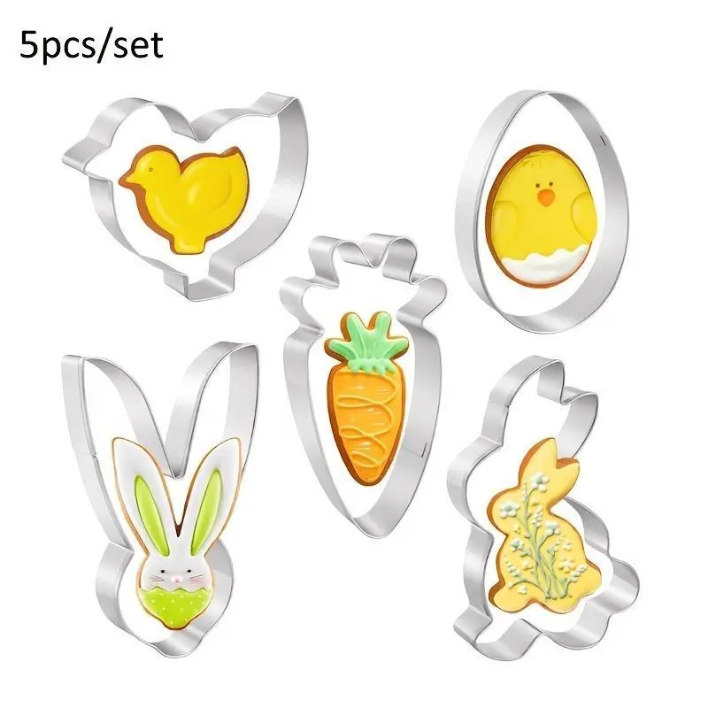 5pcs Easter Stainless Steel Cookie Cutter Set, Holiday Baking Cookie Molds, Chicken, Egg, Rabbit Cookie Cutters, Kitchen Baking Supplies Candy Molds