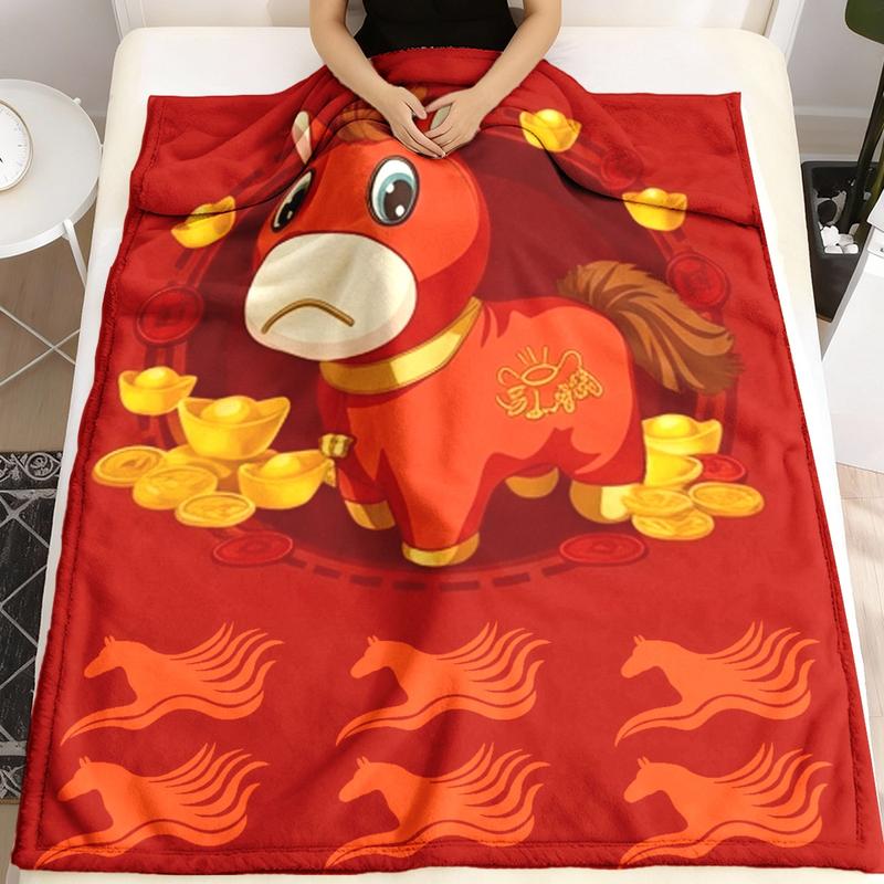 Cute Bitter Horse Theme Flannel Blanket, Large Size, Soft Lightweight Warm, Perfect for Bed Sofa Office Camping Travel Gift