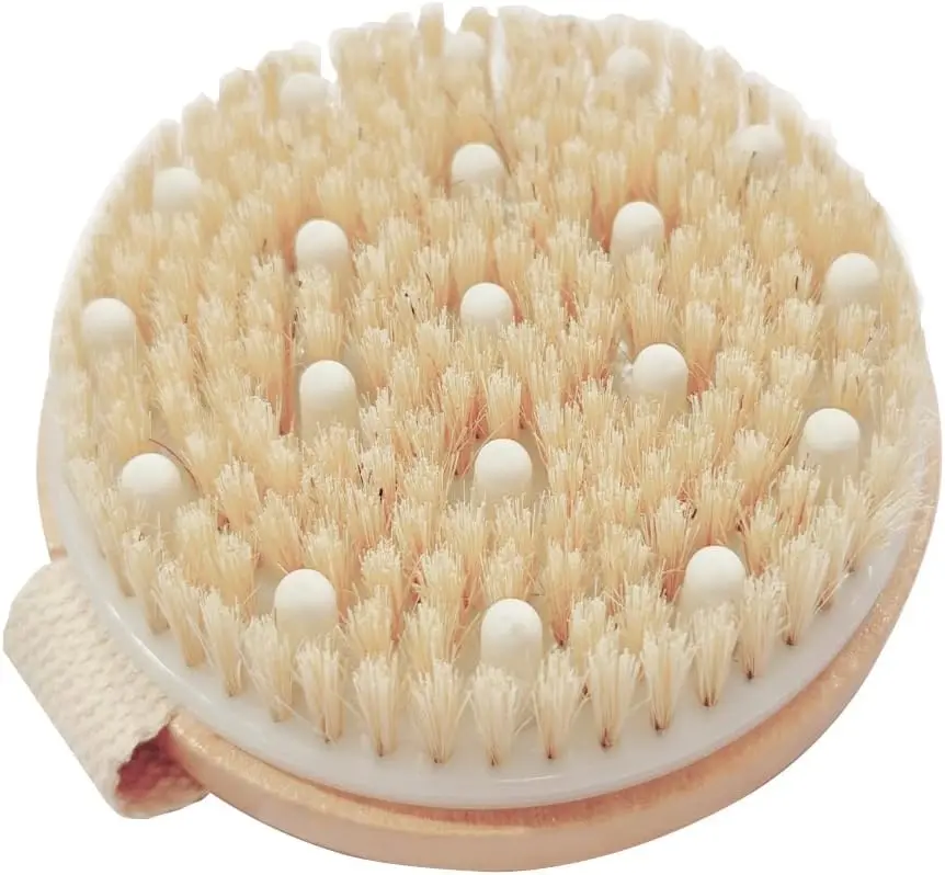 Exfoliating Body Brush, Round Eco-Friendly Bamboo Scrubber for Radiant Skin, Wet or Dry Use with Silicone Massage Nodes and Non-Slip Strap
