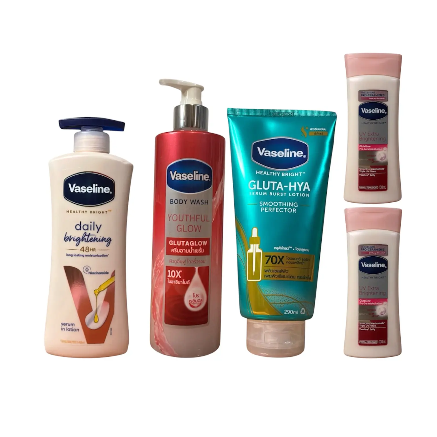 Vaseline Beauty Bath & Body Care Bundle - Daily Brightening Serum (400mL), Smooth Perfector Gluta-Hya (290mL), Body Wash (425g), 2 Free UV Extra Brightening Bottles (100mL Each)