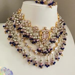 Pink and Blue Pakistani/Indian Bridal Set with American Diamond and Pearls