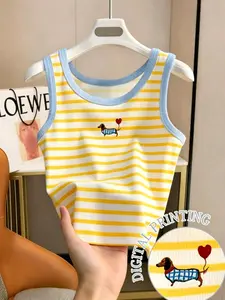 European Style Weimaraner Dog Embroidered Striped Women Tank Top, Summer Colorblock Sleeveless Shirt, Slim Fit Short Inner Layer