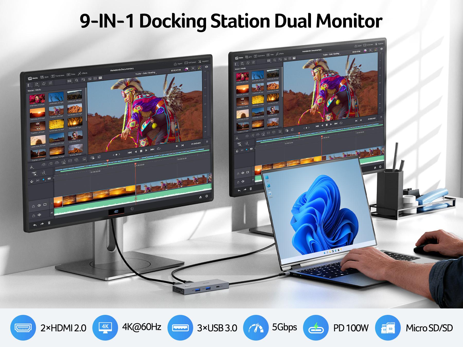 Acer USB C Docking Station Dual Monitor With 2 HDMI, 9-IN-1 Laptop Docking Station with 4K@60Hz HDMI, USB A&C 3.0, SD/Micro SD, 100W PD, USBC Dock Compatible with Acer/Dell XPS/HP/Mac/Surface (0.65FT) macbook hub