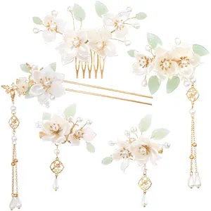 5PCS Camellia Flower Tassels Hairpin, Crystal Rhinestone Pearl Hair Clips Headpiece Retro Chinese Hanfu Wedding Brides Hair Accessories Korean Jewelry for Women Girls Updo Long Hair