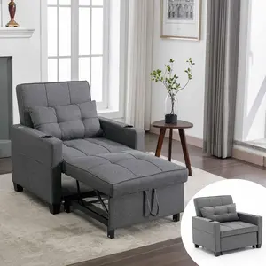 Karl Home 3-in-1 Multifunctional Sofa Bed,Adjustable Backrest,Pull-Out Footrest,Cup Holder Armrests,USB Port, Storage Pockets, Modern Design,Linen