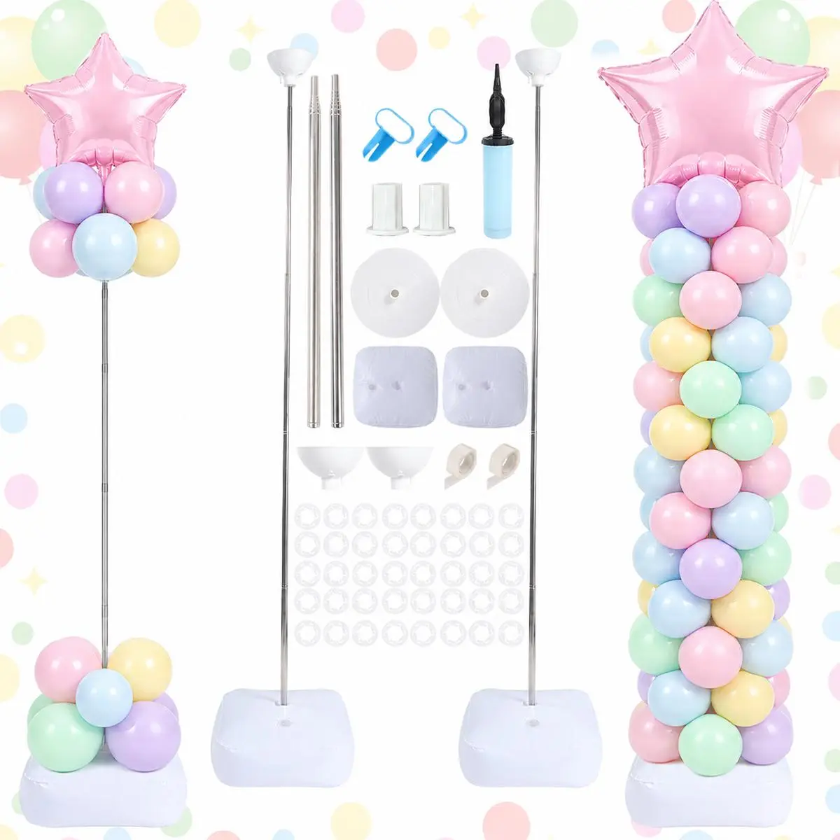 Upgraded Outdoor Balloon Column Stand Set of 2, Adjustable 7 Feet Ballon Arch Stands with Reusable Metal Telescopic, Balloon Accessories Kit and Water Bag Design for Birthday, Wedding, Baby Shower, Halloween, Graduation Party Decoration summervibes