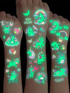 15-Pack Luminous Unicorn Temporary Tattoos, Glow in the Dark Waterproof Durable Fake Tattoo Stickers, Cute Oblong Shape for Girls & Boys, Fun Birthday Party Favors & Gifts