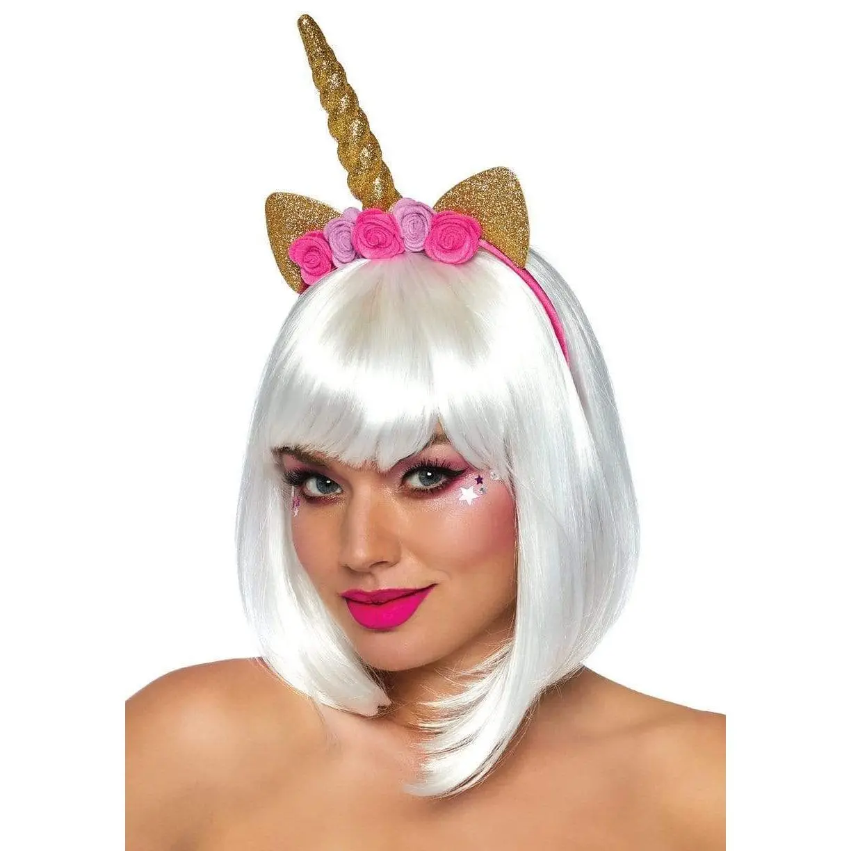 Unicorn Headband with Whimsical Pink Floral Crown, Golden Horn & Glitter Ears - Festival Accessories for Women, Floral Crown Headband