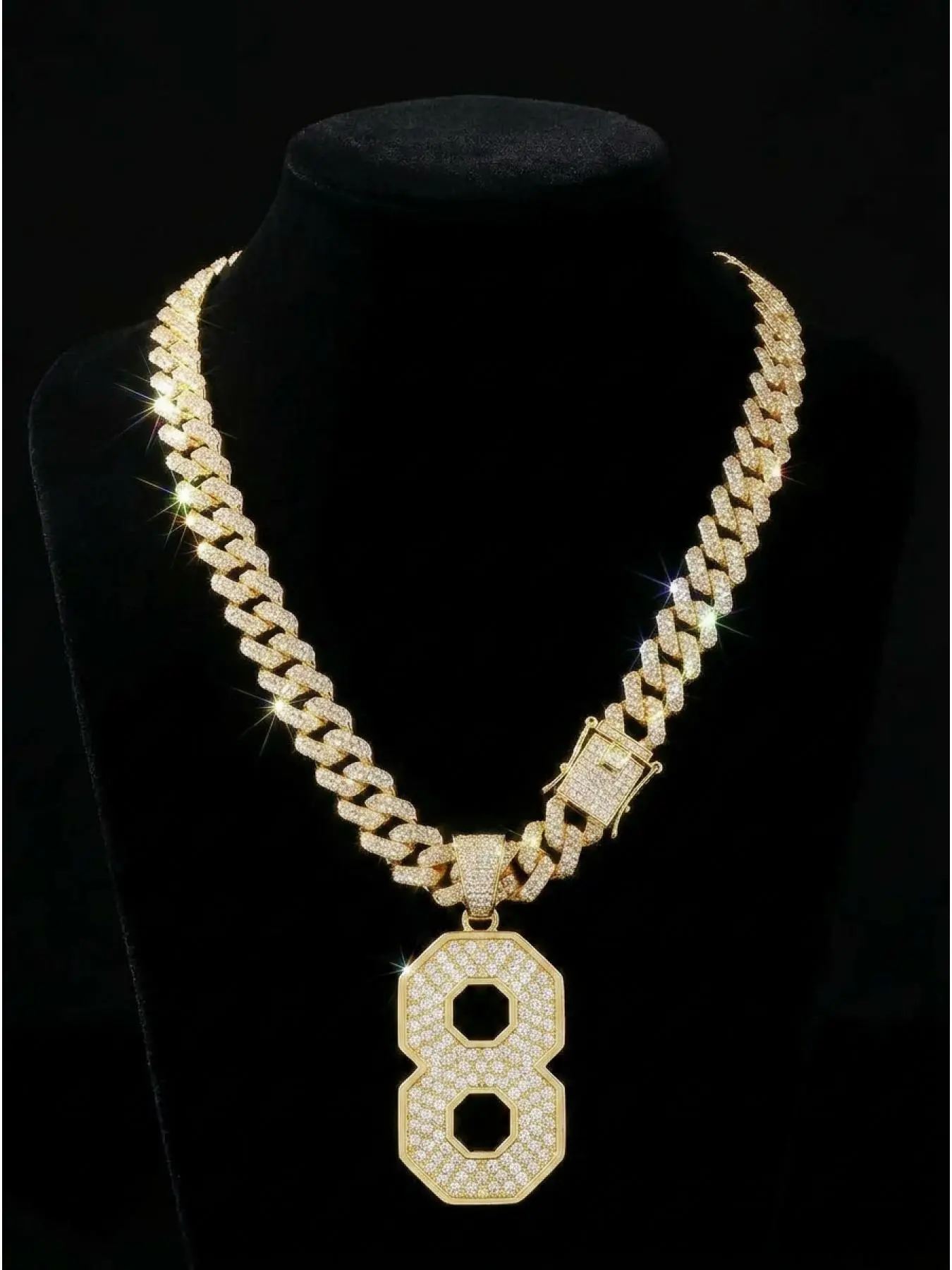 Number 8 Pendant Necklace for Men, Iced Out Cuban Link Chain, Gold Tone Hip Hop Jewelry, Statement Chain Gift for Him, Cuban Links Necklace, Cuban Chunky Chain