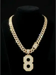 Number 8 Pendant Necklace for Men, Iced Out Cuban Link Chain, Gold Tone Hip Hop Jewelry, Statement Chain Gift for Him