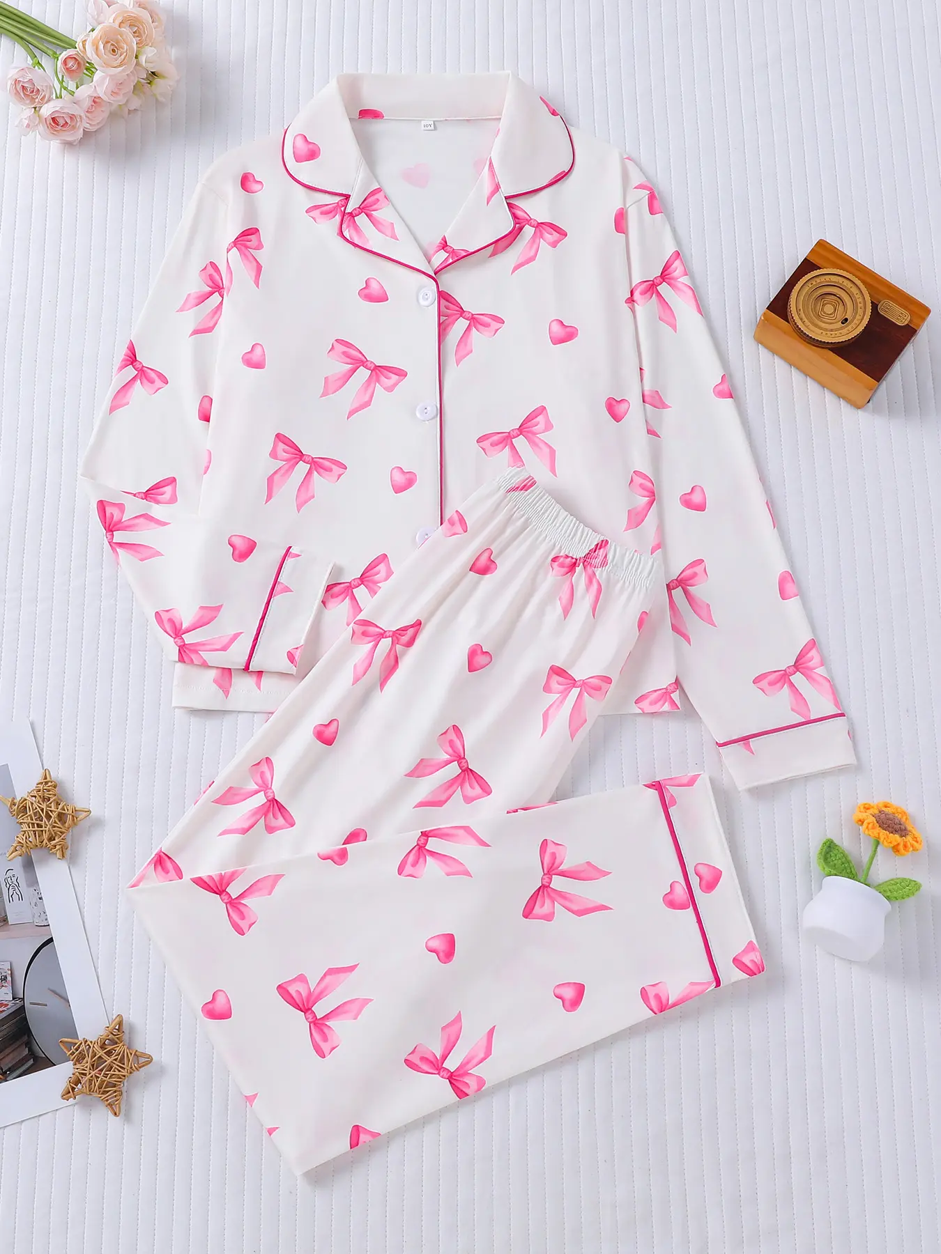 2-piece set for boys and girls, Halloween pink, dyed love bow, long sleeved pants, soft and comfortable button closure, elastic waistband, suitable for all seasons home, casual sleepwear, regular wear, Casual Comfy Pajama, Collared Pajama Set